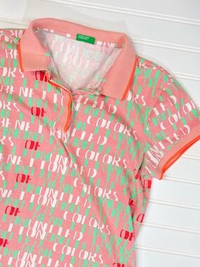 United Colors of Benetton Spellout Polo Small Y2K Preppy Colorful Peach Mint XS
